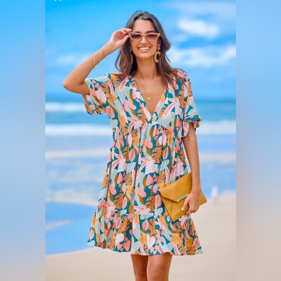 Floral V-Neck Swim Cover-Up Dress - Picture 1 of 11